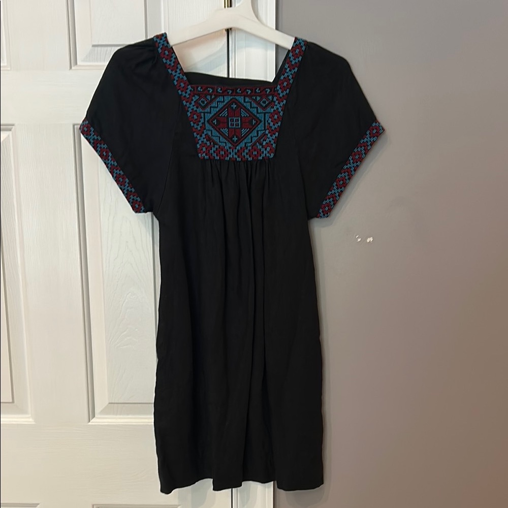 Madewell Black Mini Dress with Blue and Red Embroidery